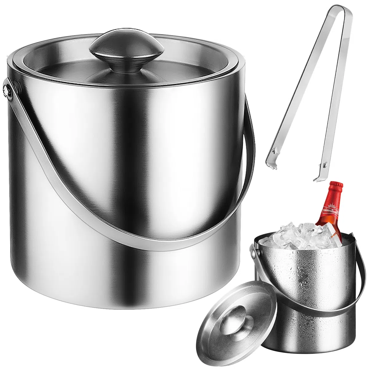 Cubitera de acero inoxidable, cubo de hielo con tapa, pinzas y asa, 2 l, doble pared, aislado para champán, ideal para enfriar cerveza, champán y vino