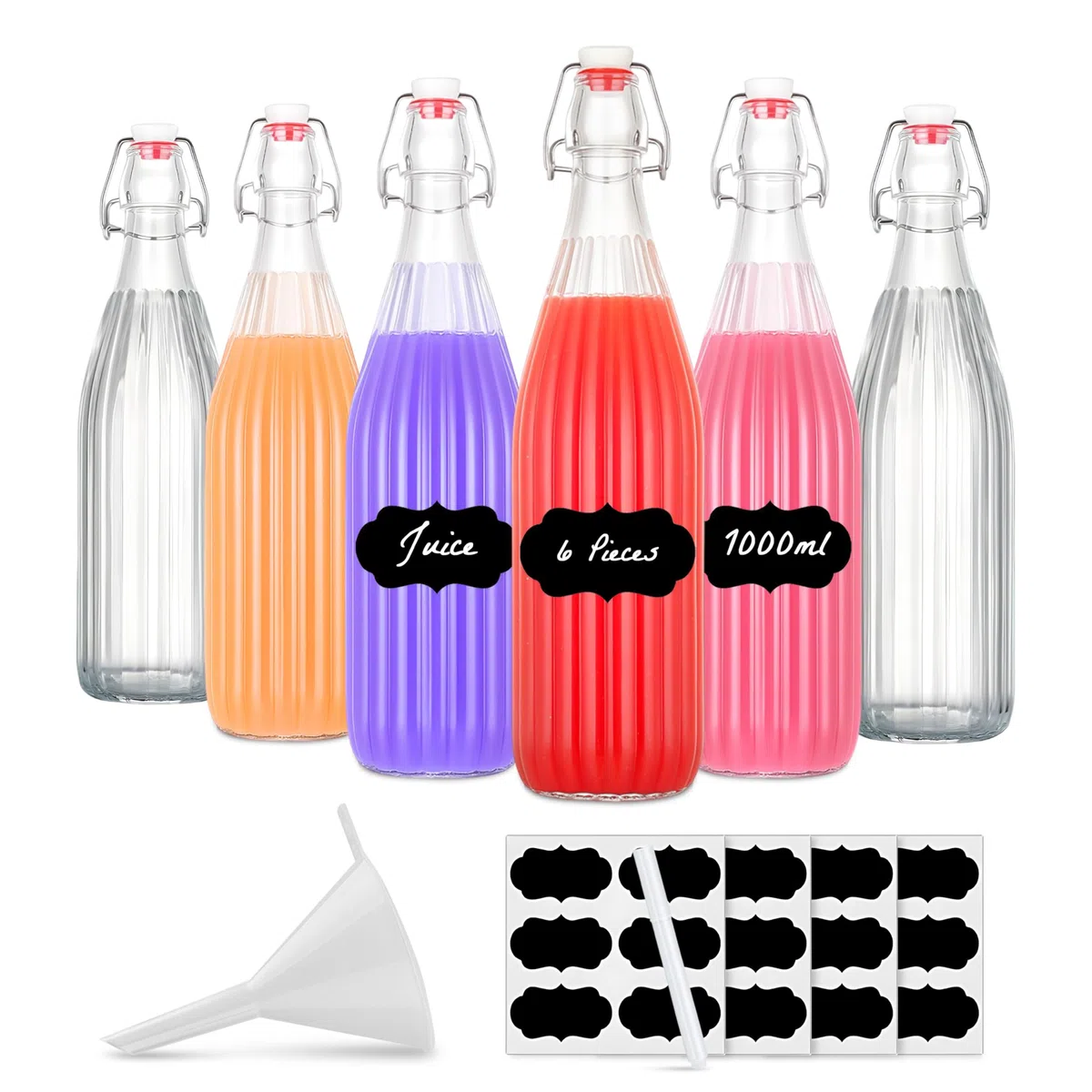 6 botellas de 1000 ml con cierre de clip, botellas de cristal vacías con asa para rellenar el licor, licor, zumo de 1 litro