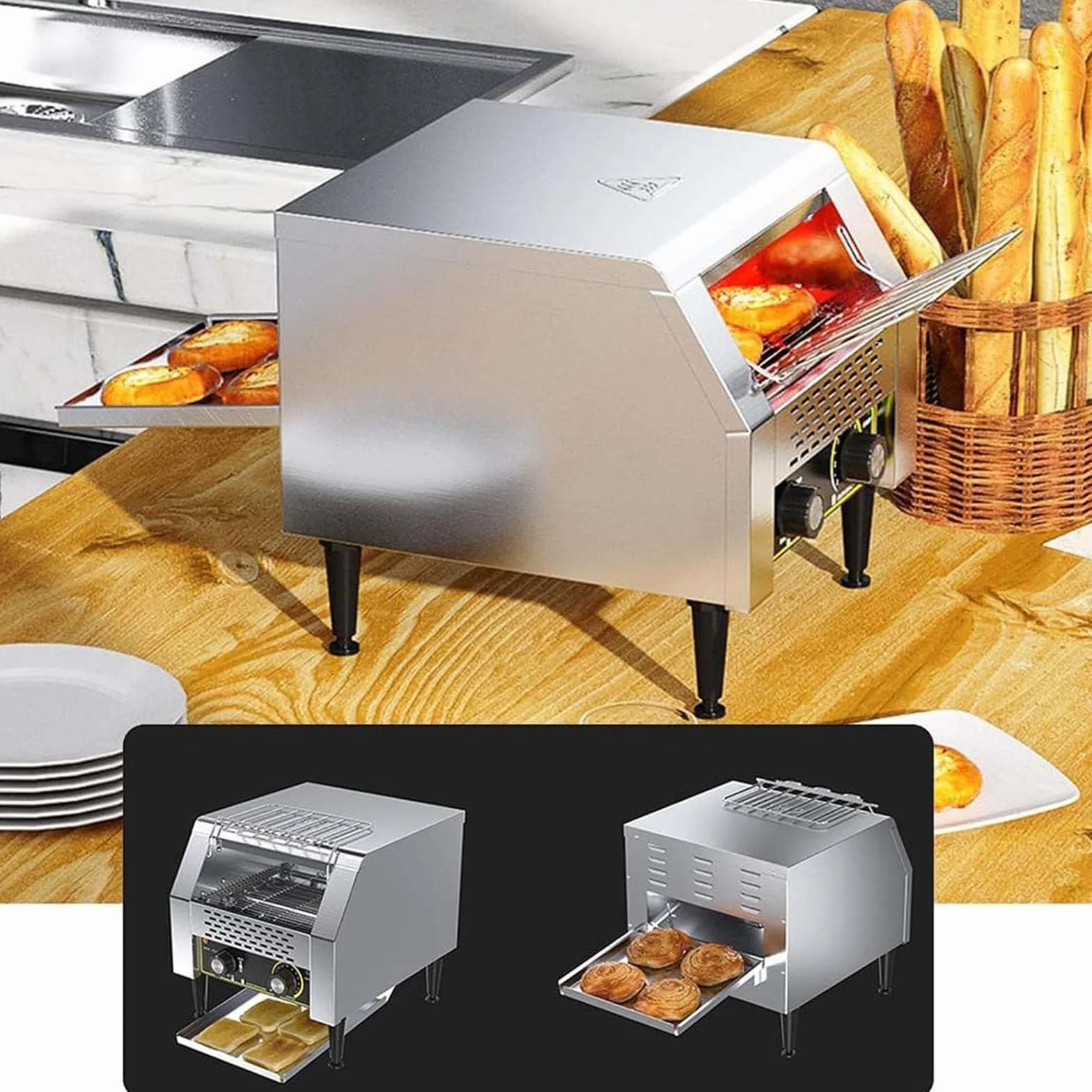 Tostadora comercial de acero inoxidable, profesional, con transmisión por cadena de calentamiento de 150/300/450 rebanadas/hora, para hoteles, restaurantes, bufés y panaderías.,300pieces/H