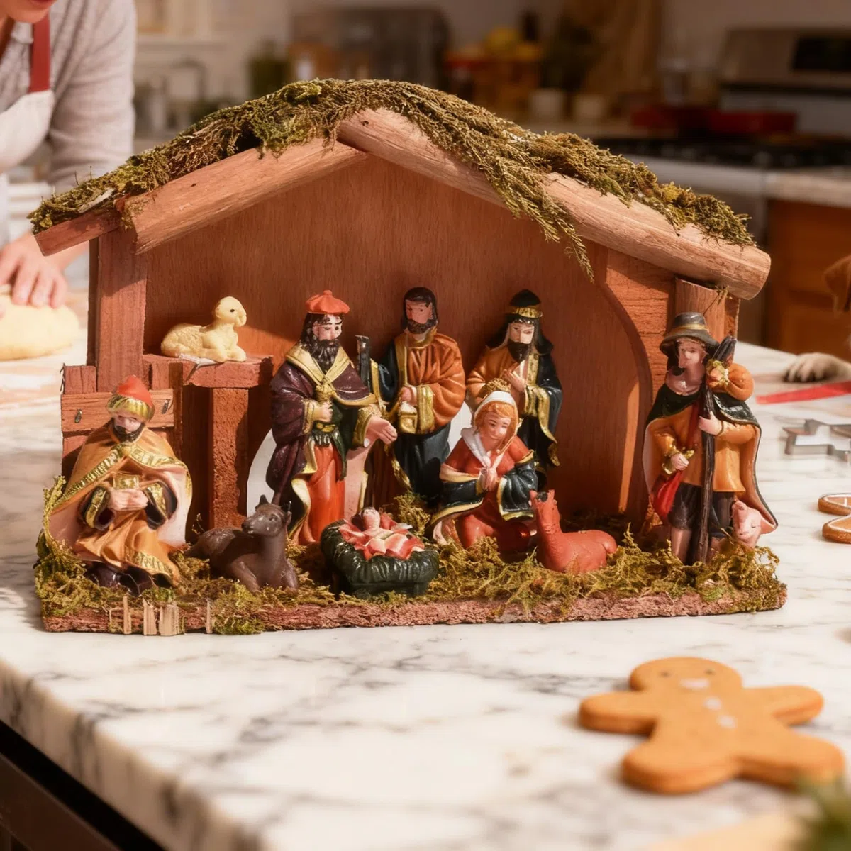 Juego de belén de Navidad - Figuras religiosas de belén de la familia sagrada como centro de atención, belén de madera | Para la mesa de interior para el hogar para la chimenea para la