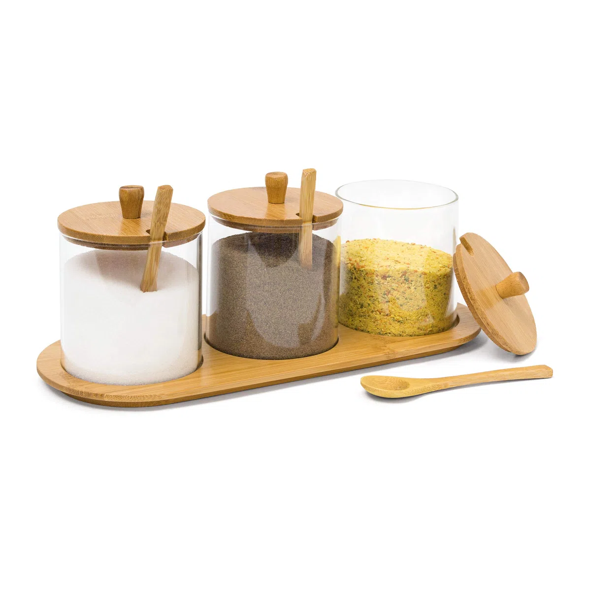 Relaxdays - Bandeja y contenedores para Especias Jiao, 12 x 31 x 12 cm, bambú y Vidrio, cucharas Tapas, Estilo Asiatico