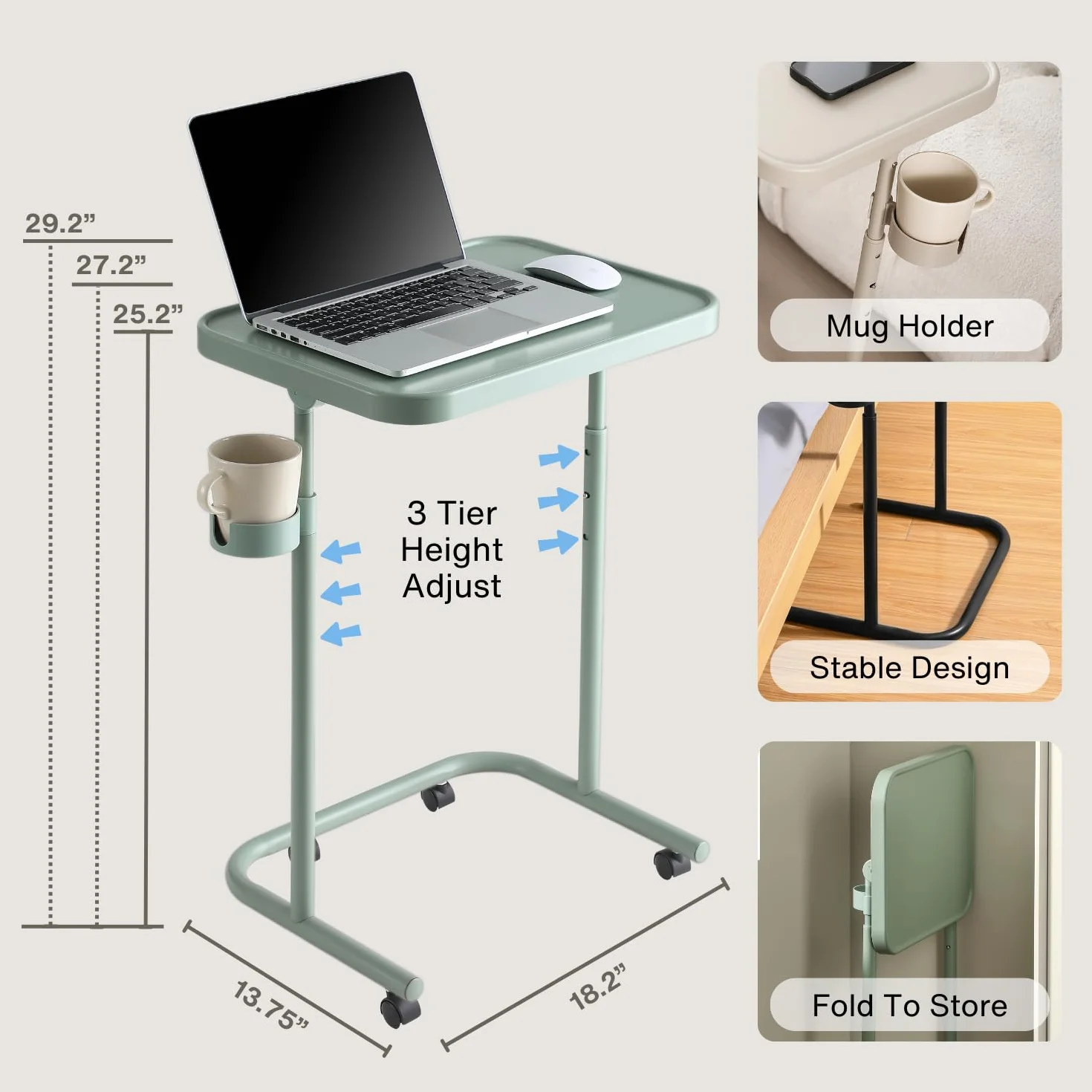 Keepo Bandeja de TV de metal con ruedas/ruedas, mesa auxiliar, bandeja de comida ajustable, mesa plegable para laptop con 3 alturas, ángulos de inclinación de 0 a 90 grados, escritorio portátil sobre
