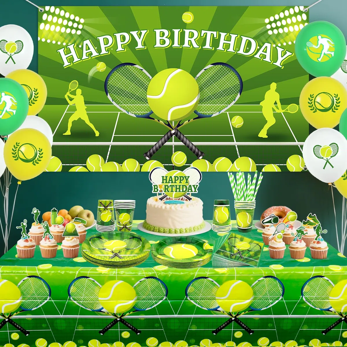 Decoraciones de fiesta de cumpleaños de tenis – Accesorios para fiestas de tenis incluyendo decoración de tartas, platos, decoración de tartas, vasos, servilletas, globos, manteles, para 20