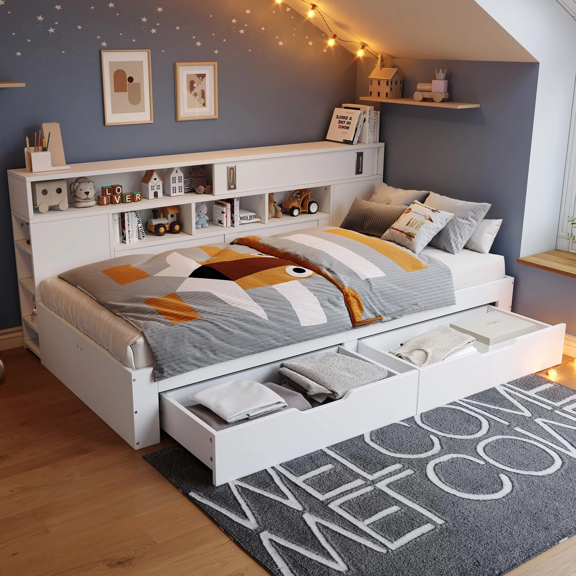 Zepneiy - Cama de 140 x 190 con cajones y estante, cama doble 140 x 190 con armario de almacenamiento, caja fuerte con espacio de almacenamiento, marco blanco (sin colchón)