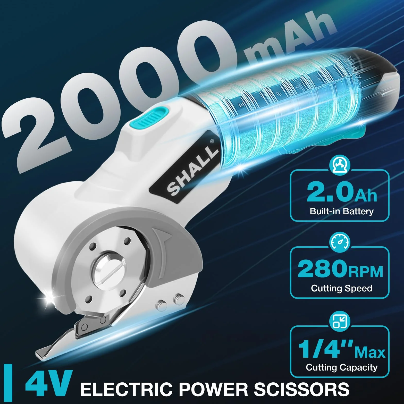 Shall Tijeras eléctricas inalámbricas de 4 V con bloqueo de seguridad, luz LED y hoja de repuesto, cortador giratorio recargable para tela, cuero, alfombra, cartón y plástico, blanco y azul