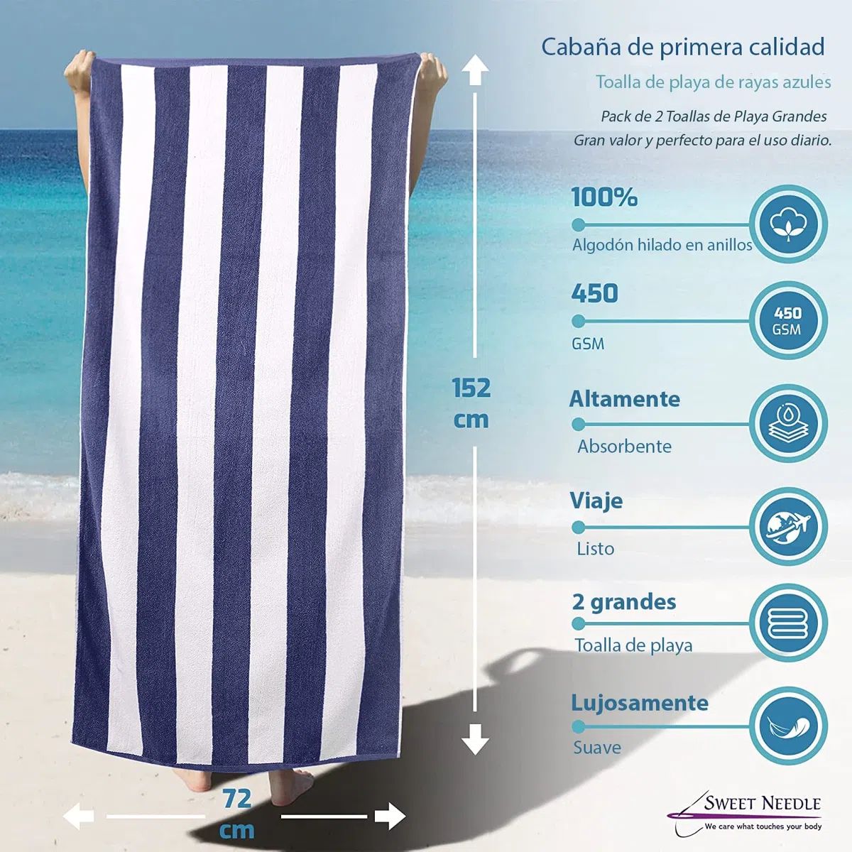 Sweet Needle Toallas de Playa para Adultos - Clásico a Rayas - Toalla de Piscina 100% algodón Terry Ringspun, Secado rápido, Toalla Grande de natación, 450 gsm Cabana - Azul Real 76 x 152 cm