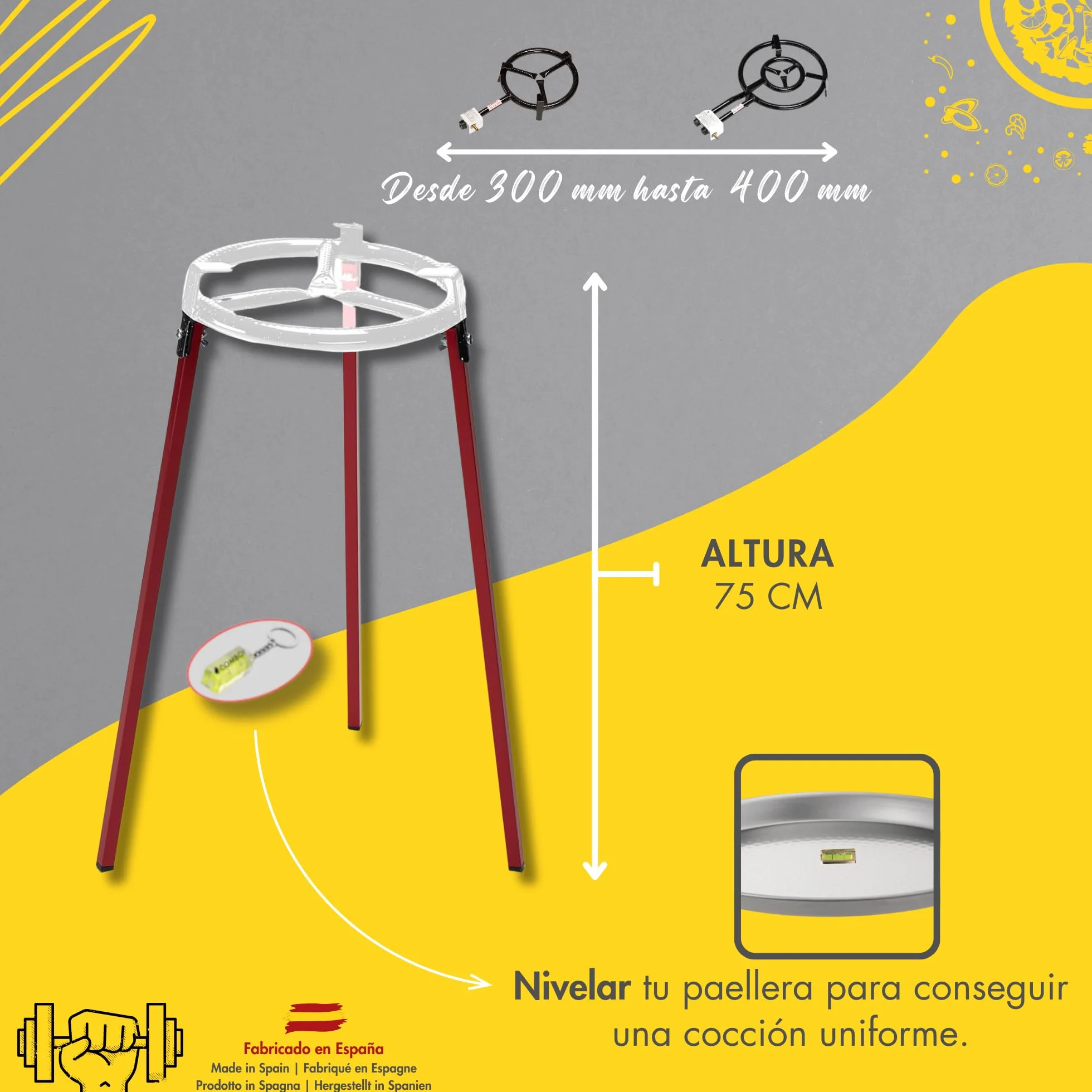 COMBOI Paellero Gas Butano 40 cm Kit Quemador con Paellera de 46 cm Soporte de 3 Patas Nivel Delantal Libro de Recetas Digital