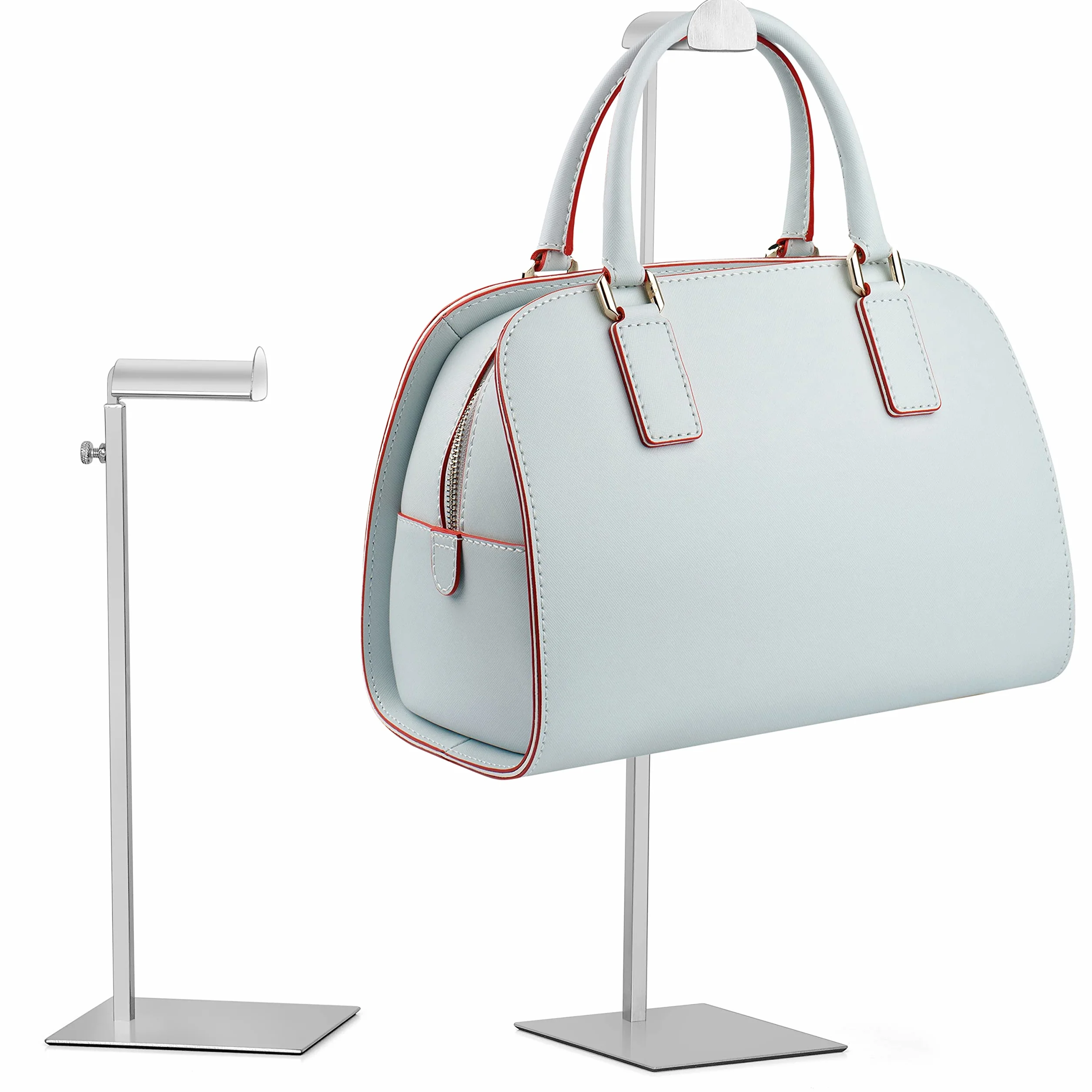 Perchero de Pie Ajustable para Bolsos [Pack de 2] - Soporte para Bolsos de Mano Multiusos - Colgador Bolsos de Acero Inoxidable Plata Metálico - Fácil Ajuste de la Altura, Base Plana Estable