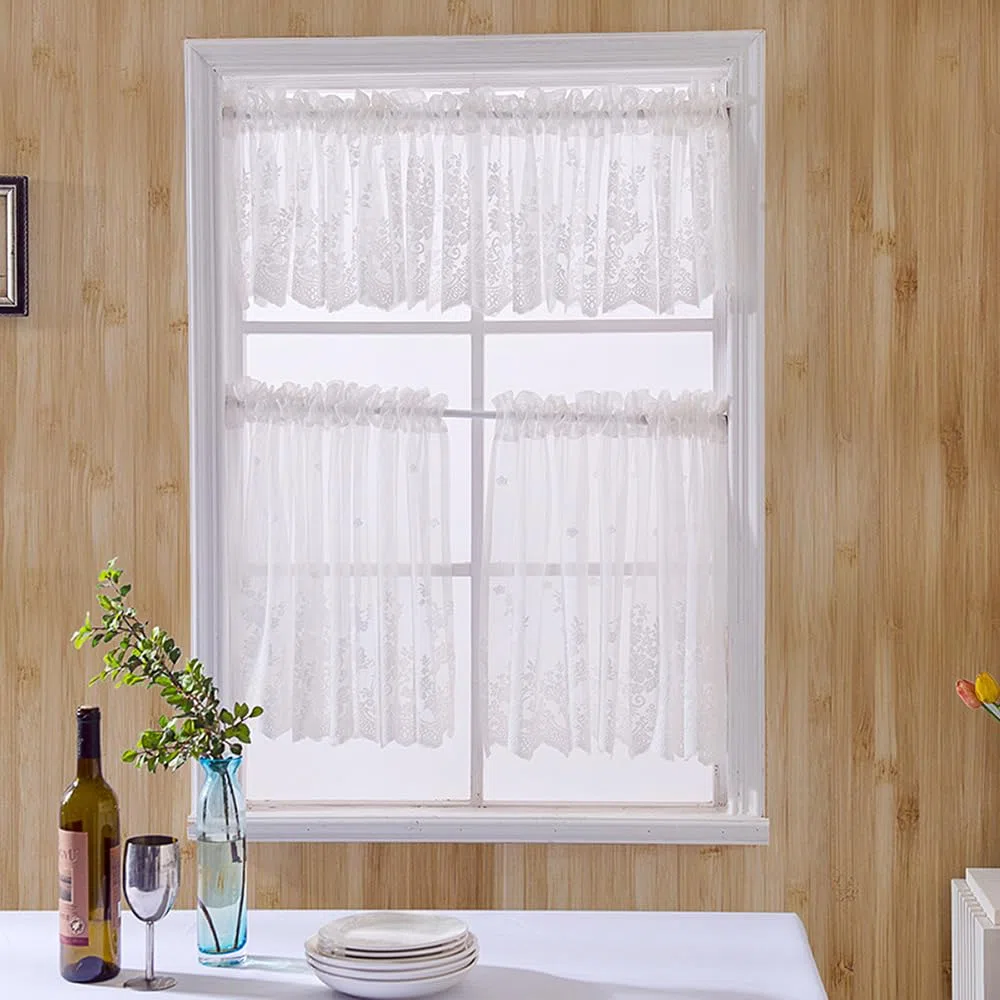 POFET 4 Paneles de Encaje Bordado Ventana Pequeña Voile Gasa Volante de Escalones para Cocina, Café, Medias Cortinas con Volante para Decoración del Hogar, etc. 74x61cm, Blanco
