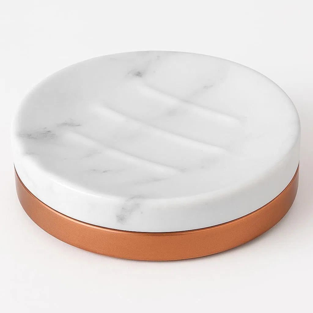 WPM Juego de Accesorios de baño 4 Piezas. Juego de baño de mármol con Borde de Oro Rosa con dispensador de jabón líquido, Soporte para Cepillo de Dientes, Vaso y jabonera.