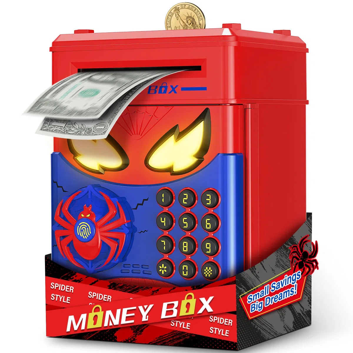 Hucha Infantil - Caja Fuente Niños, Spider Hucha Electronica con Huella Digital y Código, Hucha Cajero Automático con Succión de Billetes, Regalo Niño Niña 3 4 5 6 7 8 10 12 Años