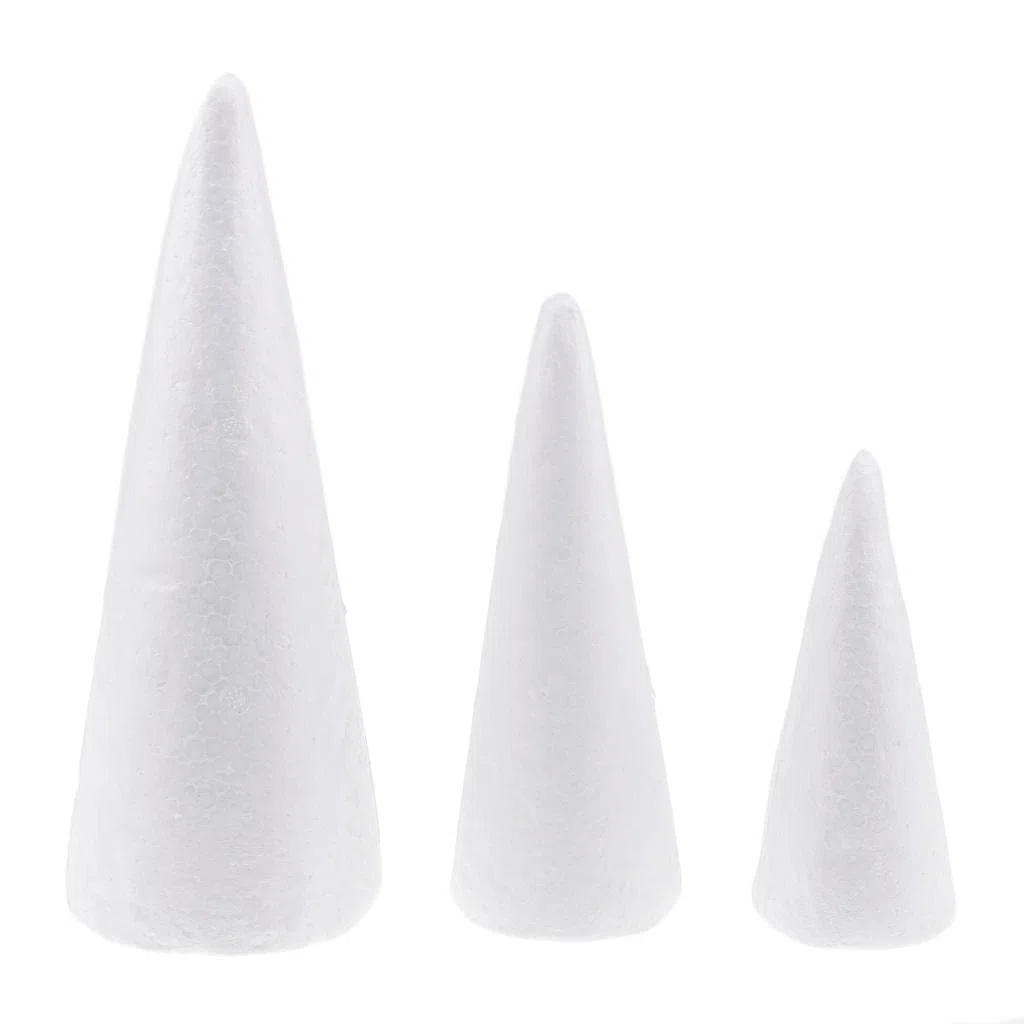 Juego de 3 conos de poliestireno sólido blanco (15 cm, 20 cm, 25 cm) – Decoración para árbol de Navidad, suministros artísticos para niños