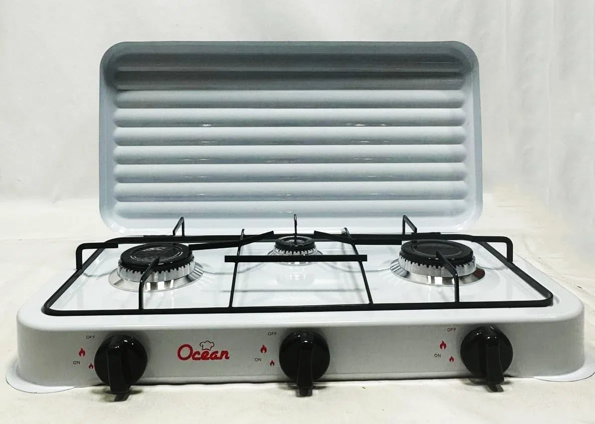 Hornillo de gas de 3 fuegos, 3200 W, quemadores de hierro fundido extraíbles, con tapa, a gas butano o propano