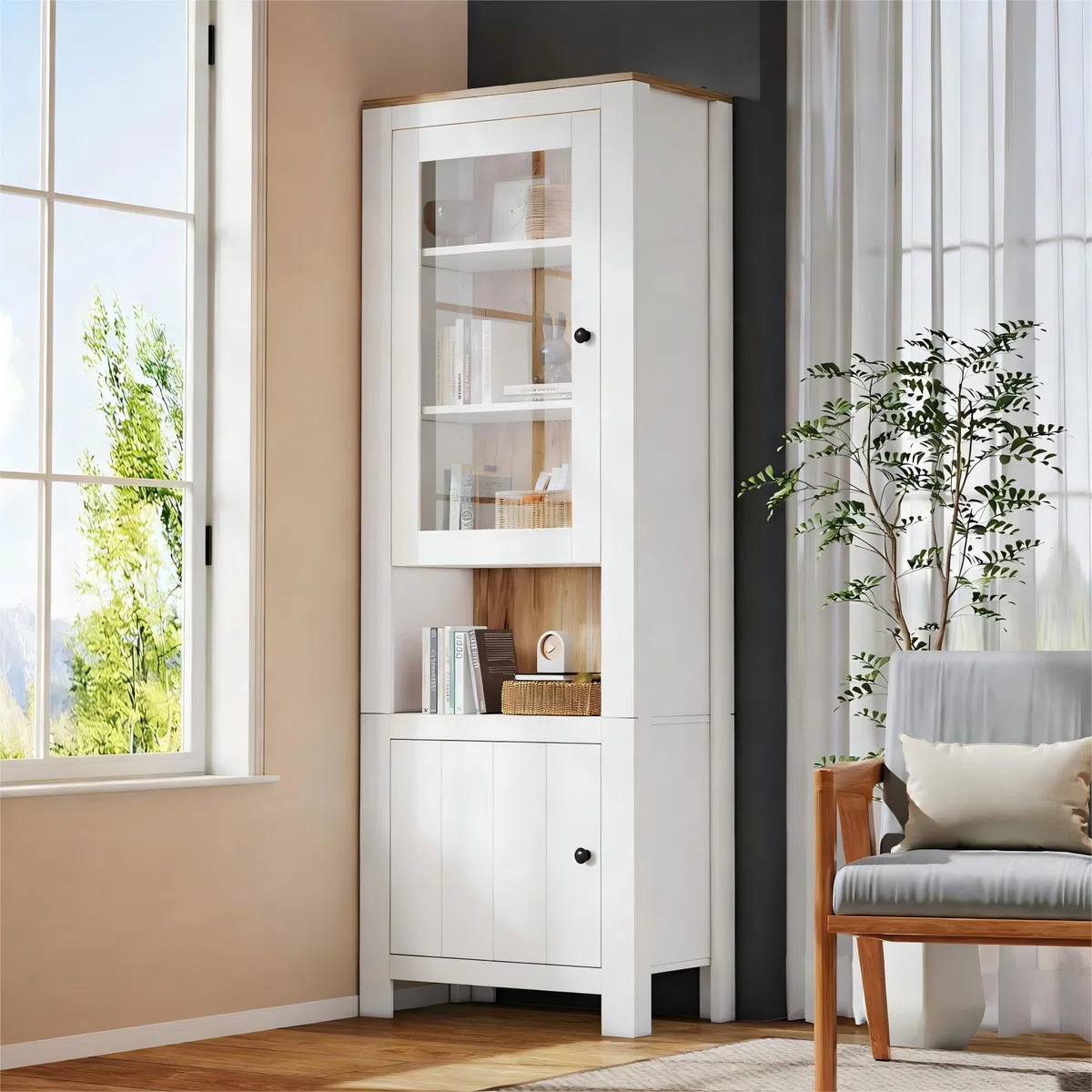 MURUL Armario alto, 70 x 40 x 188 cm, vitrina con 2 puertas, seis estantes, pared trasera en imitación de madera natural, estantes ajustables, vitrina de cristal con LED, color blanco + madera natural