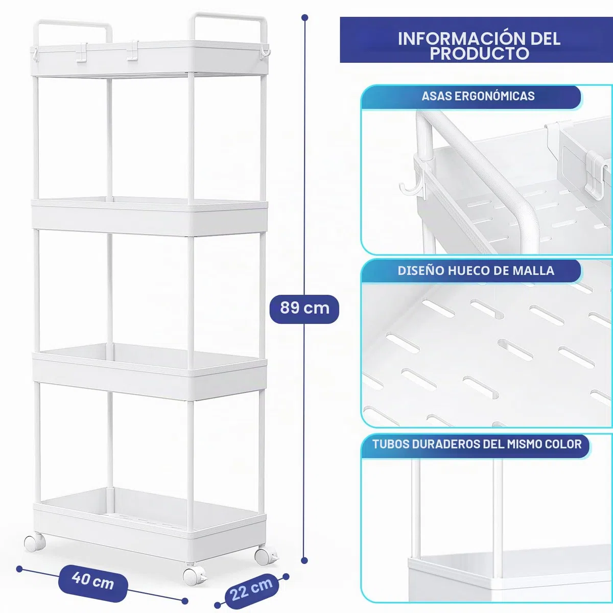 Ronlap Carrito de Almacenamiento con 4 Niveles, Carrito de Servicio con Ruedas, con Cesta y separadores, Blanco