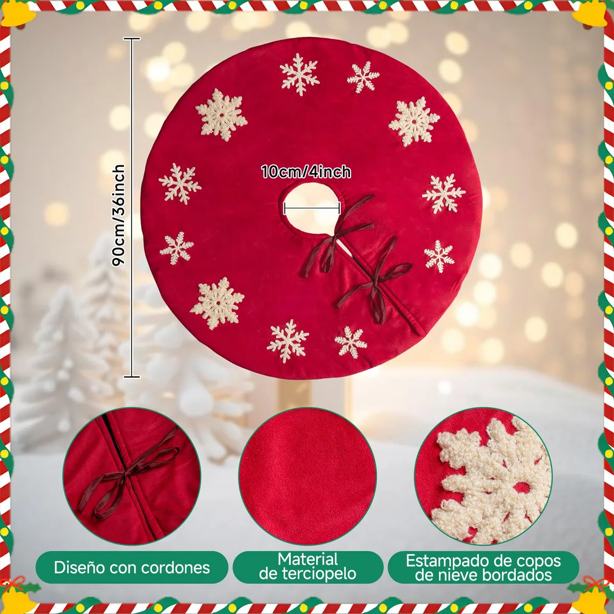 Lanpn Falda Cubre Pie para Arbol de Navidad de 90cm, Grande Terciopelo Copo de Nieve Redondas, Cubiertas para Base Alfombra para Decoración Navideña de Interiores (Rojo)