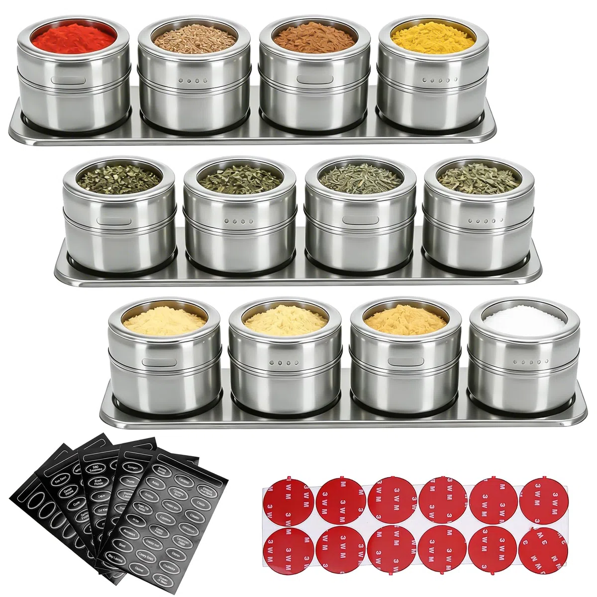 12 tarros de especias magnéticos, 100 ml, de acero inoxidable, transparente, para especias, hierbas, mezclas de especias 2 en 1 con tapa, estante para especias, hierbas, mezclas de especias