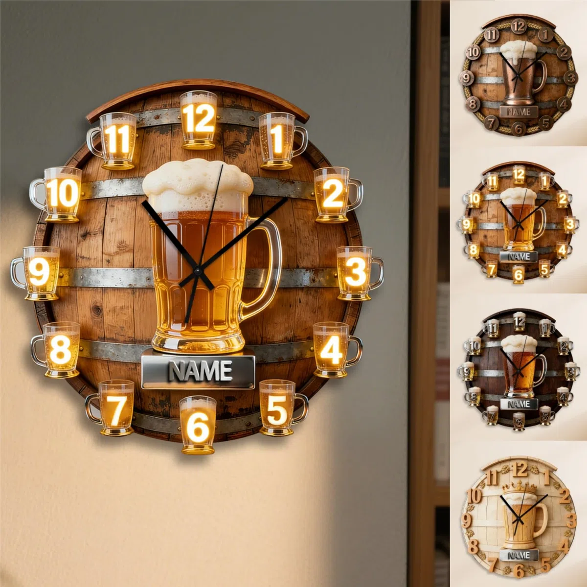 Reloj de pared personalizado con temática de cerveza para dormitorio, sala de estar, oficina, bar, club, nombre personalizado, Cheers, jarra de cerveza, arte de pared, impresión plana 2D, decoración