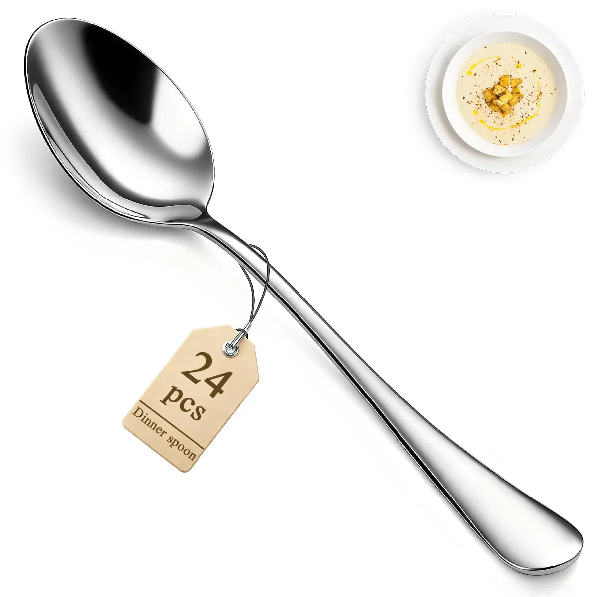 Berglander Juego de 24 cucharas de cena de acero inoxidable de grado alimenticio de 7.35 pulgadas, cuchara de sopa para el hogar, cocina o restaurante, pulido con espejo, apto para lavavajillas