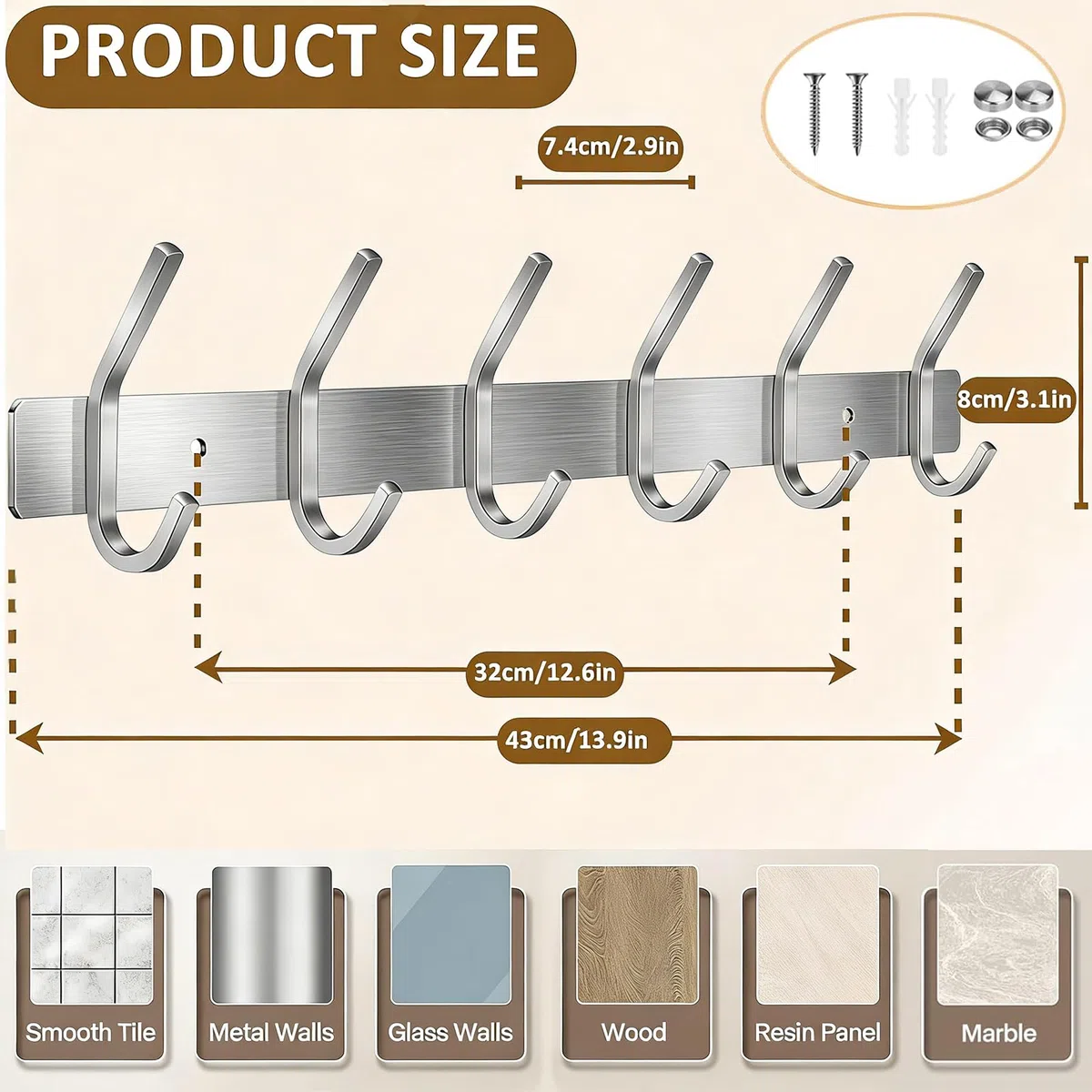 Perchero de Pared, Ganchos de Percheros de Pared Acero Inoxidable, Perchas de Pared Ideal para Dormitorio Baño (6-Gancio, Plata)