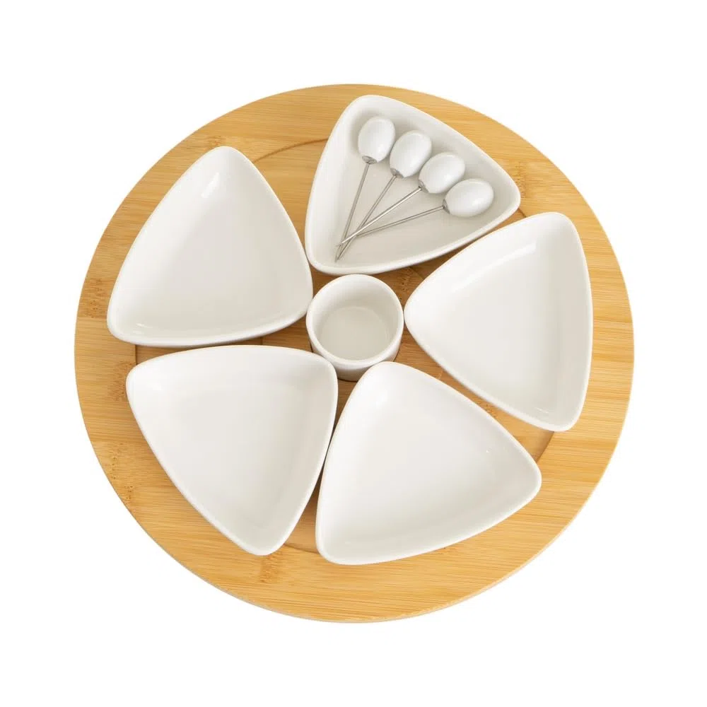 Juego de 6 platos de aperitivo blancos de porcelana con bandeja de bambú natural de Ø 30 cm