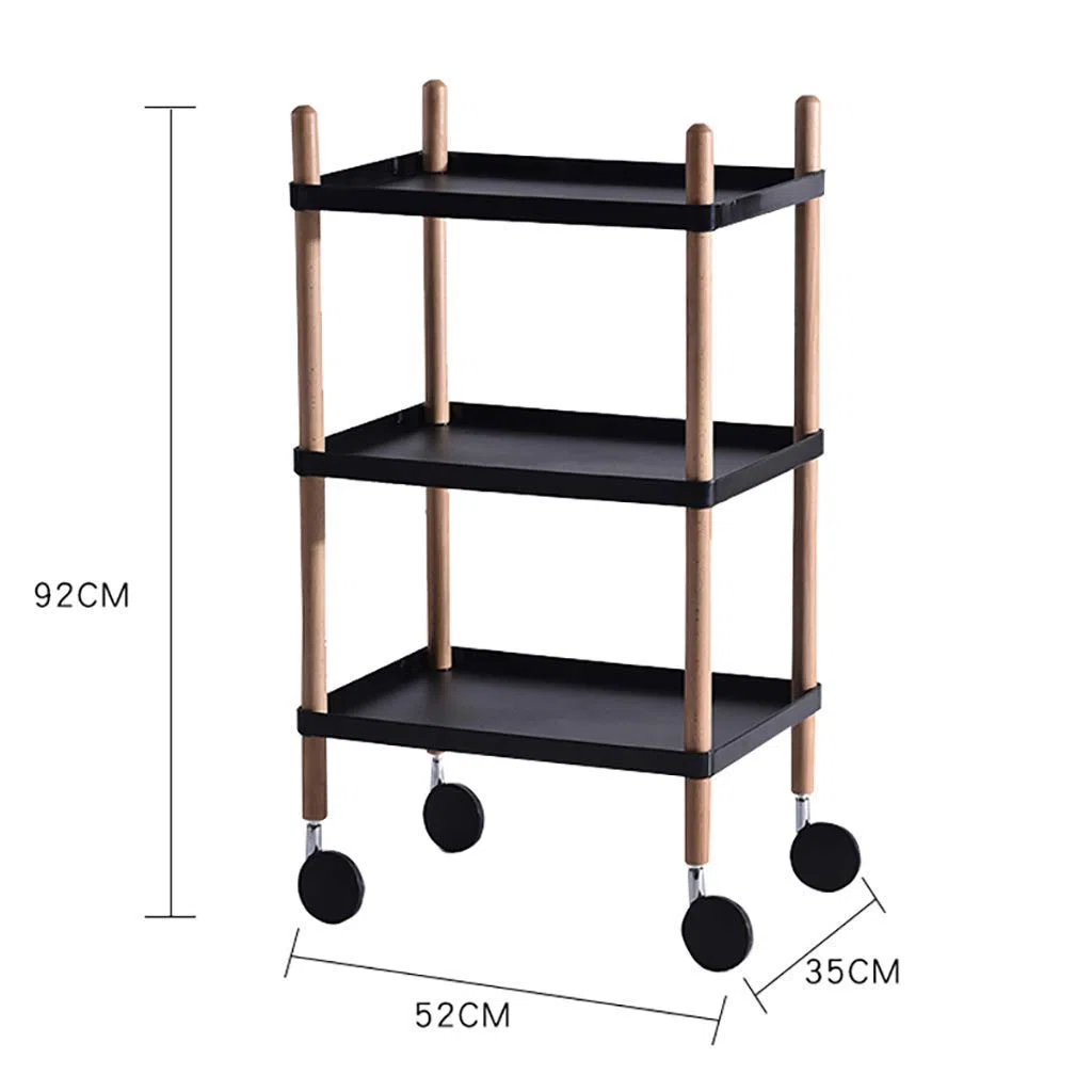Carro de Servicio con Soporte de Madera, Bandeja de Polipropileno de 2 o 3 Niveles y Ruedas con Bloqueo. Ideal para cocinas, hoteles y restaurantes.
