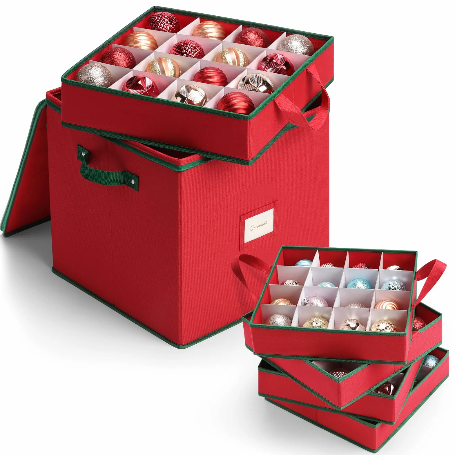 MaidMAX Caja de Almacenamiento de Bolas de Navidad, Bolsa de Almacenamiento para Decoraciones de árbol de Navidad, 4 Niveles Extraíbles con Asas, 64 Bolsas de Caja de Bolas, 32x32,5x33cm