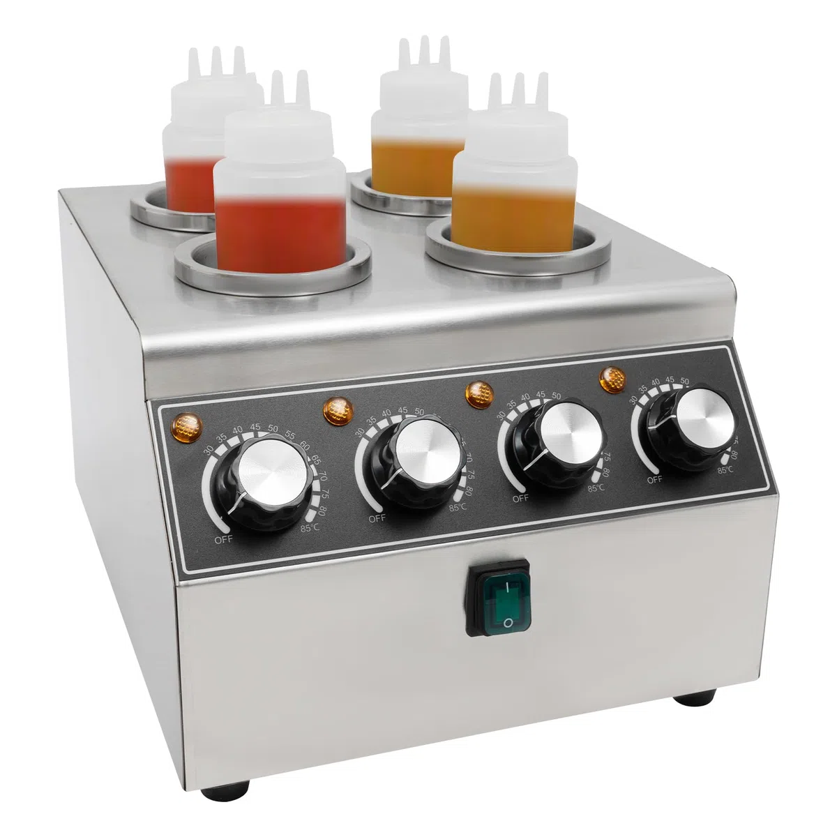 Calentador de salsas eléctrico de acero inoxidable, dispensador con 4 botellas de expresión, 800 W, para buffet y gastronomía, dispositivo de mesa con regulación de temperatura para ketchup