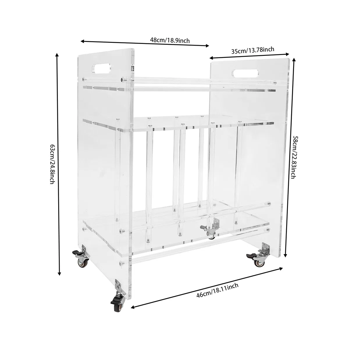 Mesa auxiliar de acrílico con ruedas, soporte para discos de vinilo y tocadiscos, soporte moderno para salón, 3 niveles, mesa de almacenamiento para CD, libros, transparente, 48 x 35 x 63 cm, 20 kg