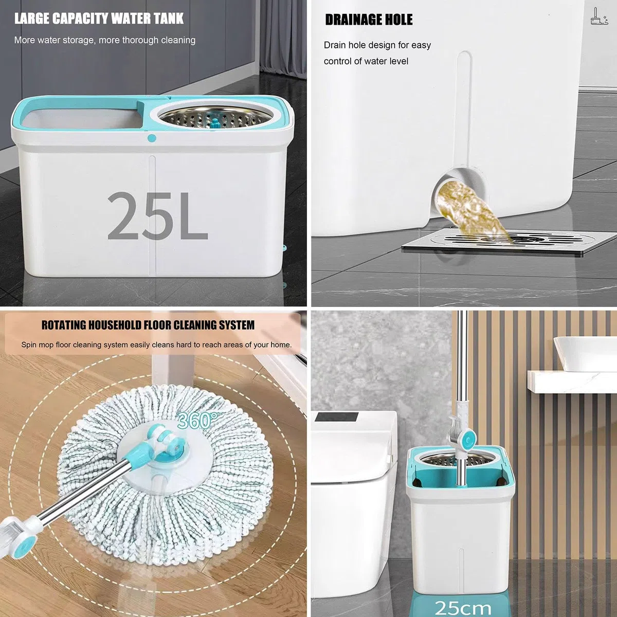 AMNOOL Juego de Fregona Giratoria y Cubeta con Escurridor - Uso Húmedo/seco en Madera Dura y Baldosas - Cubo de Fregona Autoescurrido con 7 Cabezales de Fregona Lavables de Microfibra