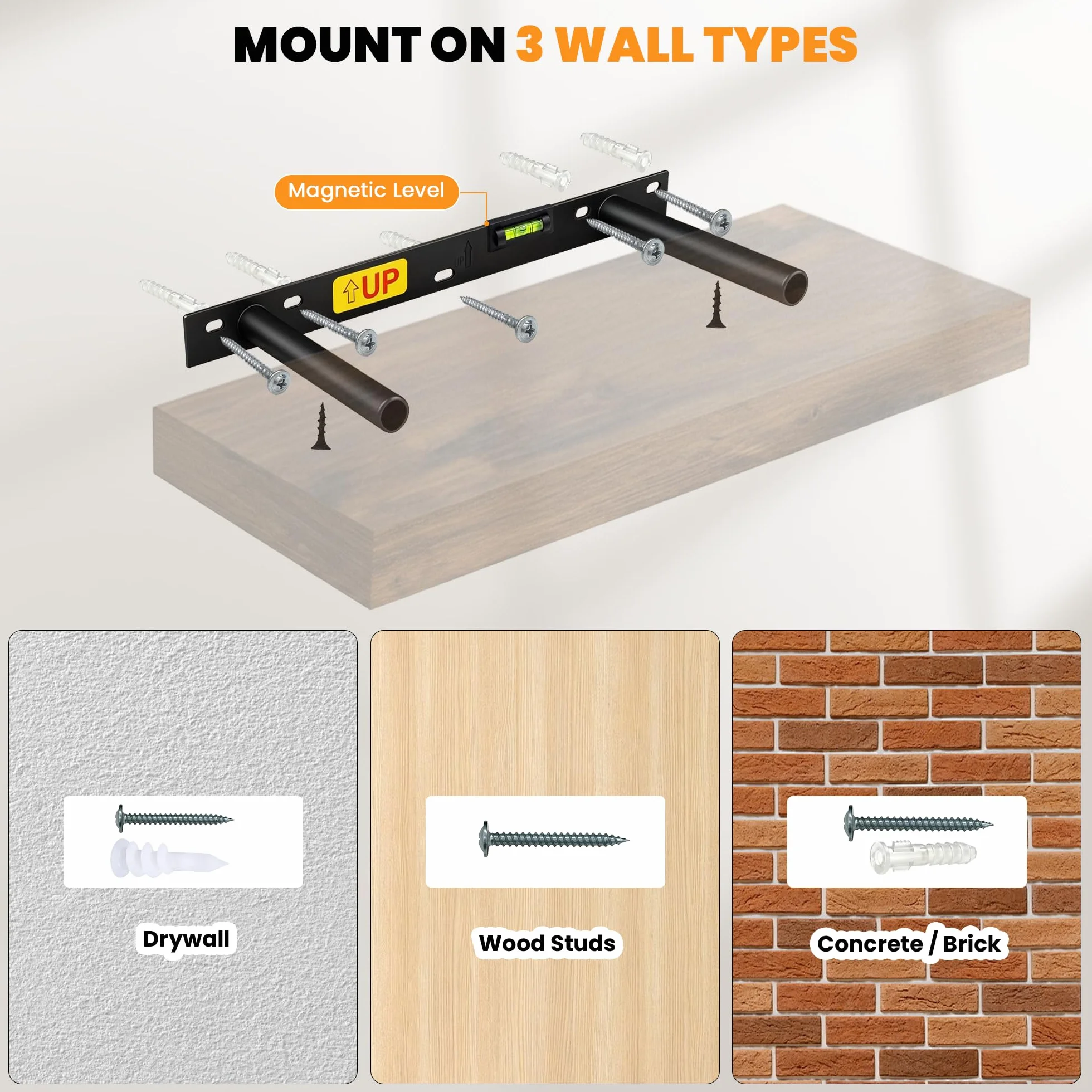 RICHER HOUSE Braun - Juego de 2 estantes de pared (60 x 23,5 x 3,8 cm, tablero de fibra de densidad media) | Estantería de madera para pared, con soportes invisibles, para dormitorio, salón, baño, cocina, lavandería, oficina