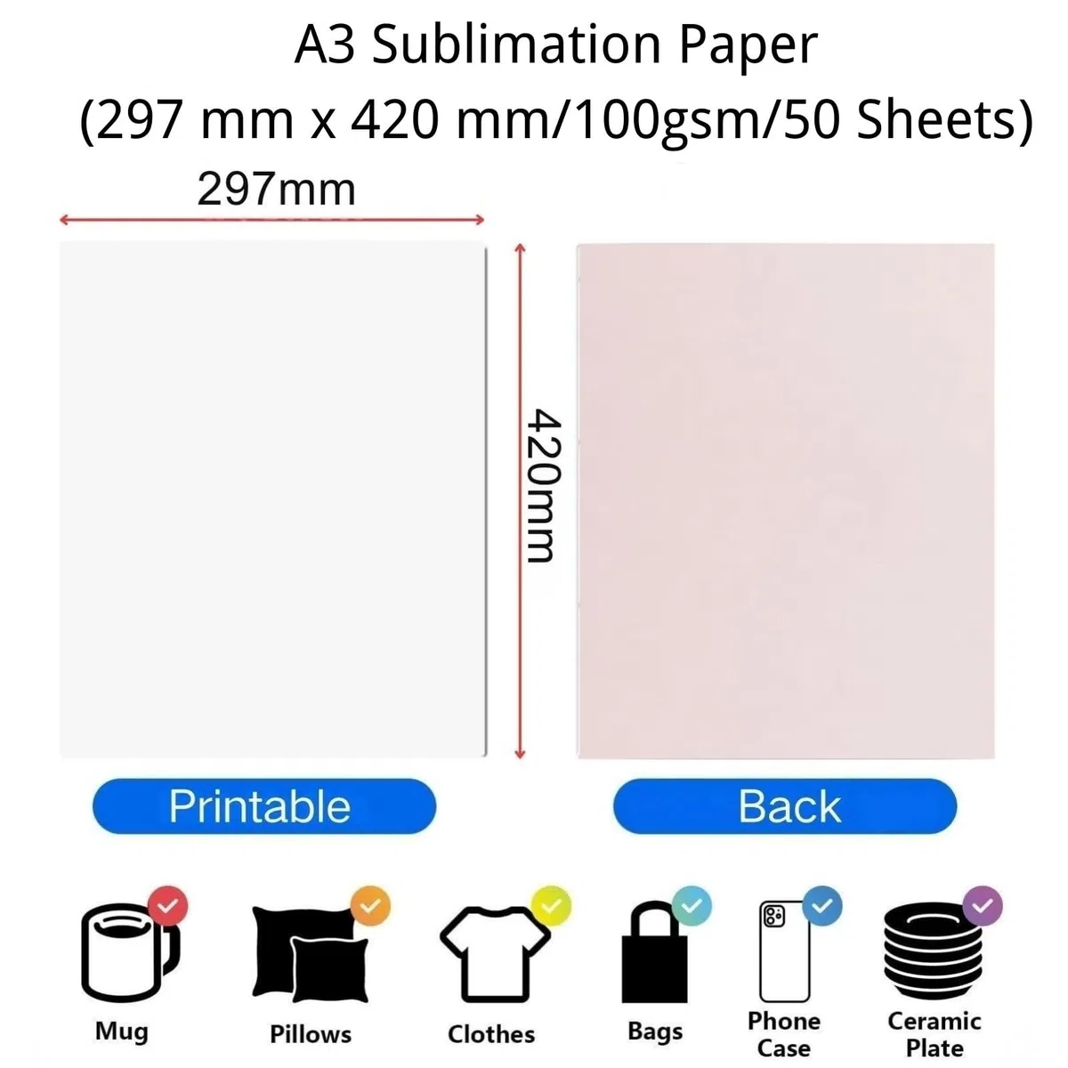 Papel de Sublimación A3, 297 x 420 mm 100 g/m² 50 Hojas de Papel de Transferencia para Camisetas Tazas Metal Cerámica Vidrio, Compatible con Epson, Roland, Mutoh, Mimaki Impresoras