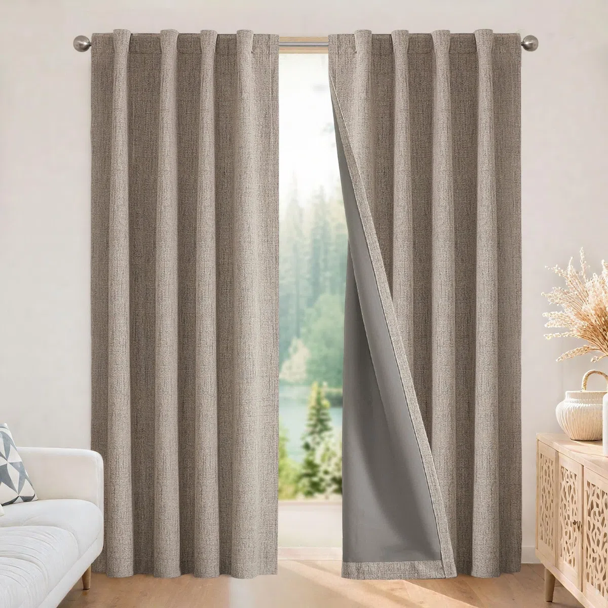 Joydeco Cortinas 100% Opacas de 63 Pulgadas de Largo, 2 Paneles, Cortinas Opacas Naturales de Lino para Dormitorio, Sala de Estar, Cortina de oscurecimiento, Aislamiento térmico, pestaña Trasera y