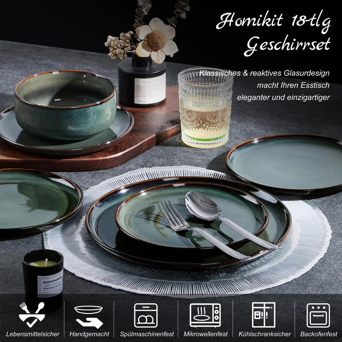 Homikit Juego de vajilla para 6 personas, 18 piezas, de gres, esmalte reactivo, con plato llano, plato de postre, cuencos de cereales, microondas y lavavajillas, color verde