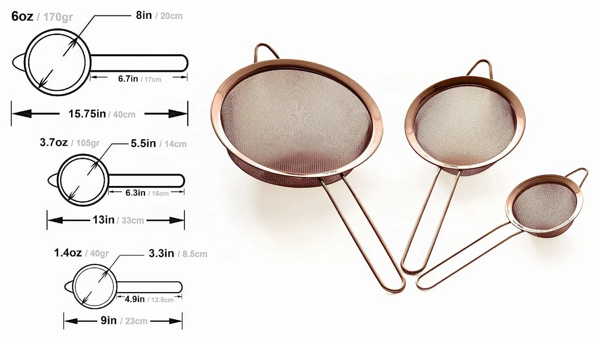 Coladores Premium de Acero Inoxidable 304 con Malla Fina - 8.5/14/20cm - Calidad Profesional - Coladores de Cocina (Bronce Rosado)