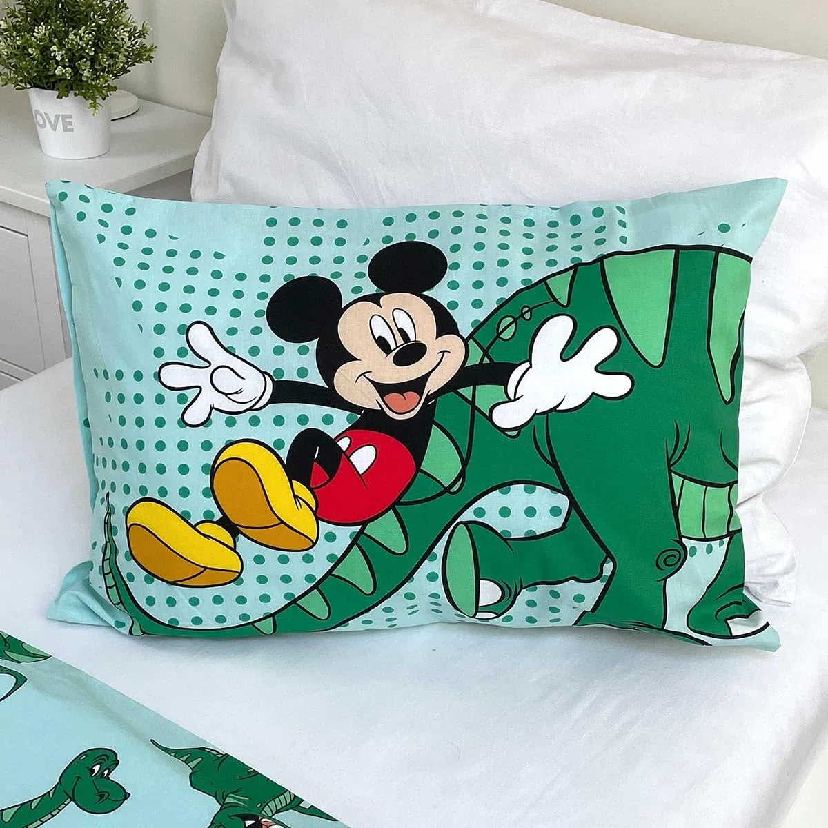 Funda Nórdica Mickey Mouse - Funda Nórdica Disney Infantil de Dinosaurios, para Edredón de Cama de 90, 100x135cm y Funda de Almohada 40x60cm, Color Verde