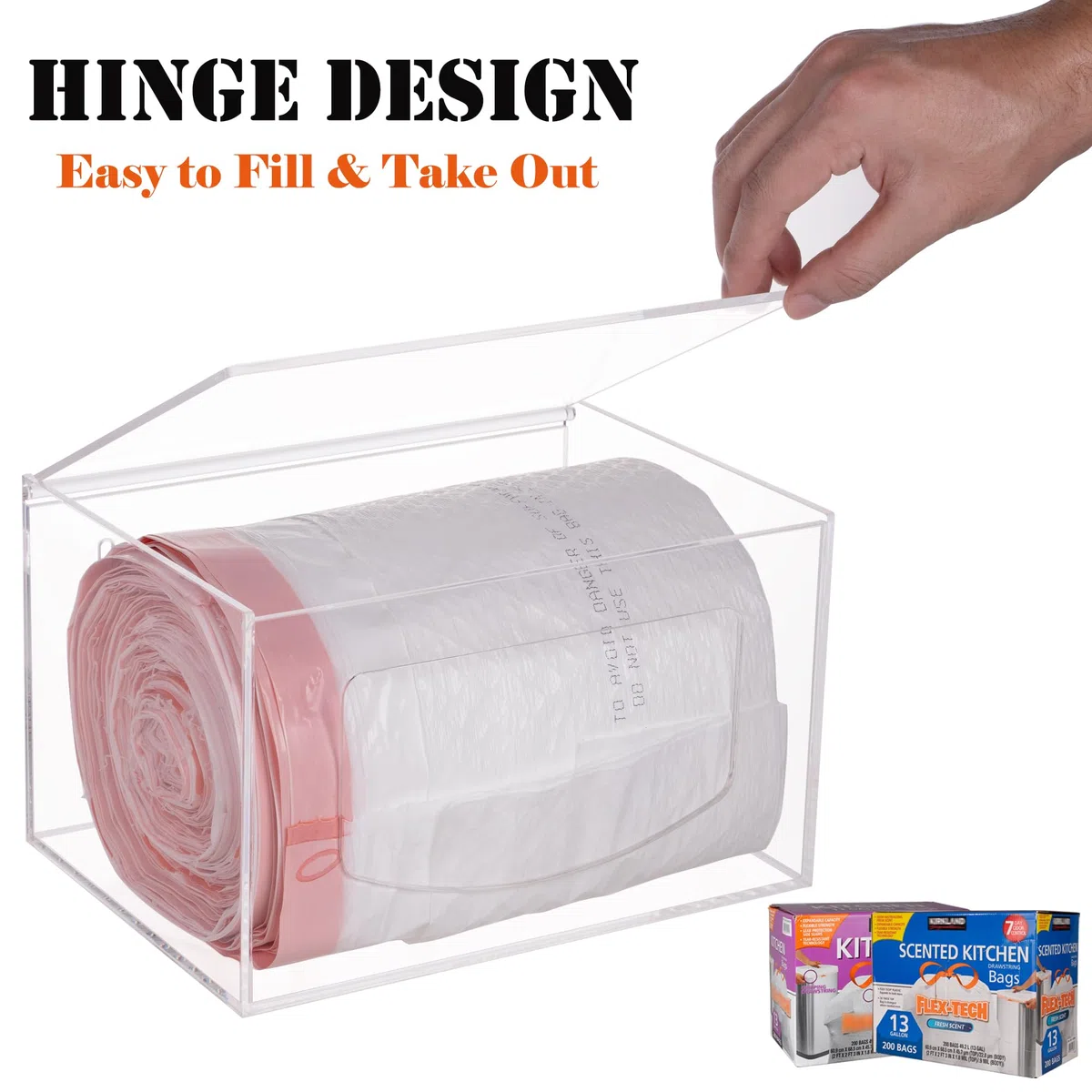 Dispensador de bolsas de basura extra grande con tapa, dispensador de bolsas de basura acrílicas debajo del fregadero, dispensador organizador de bolsas de basura de cocina montado en la