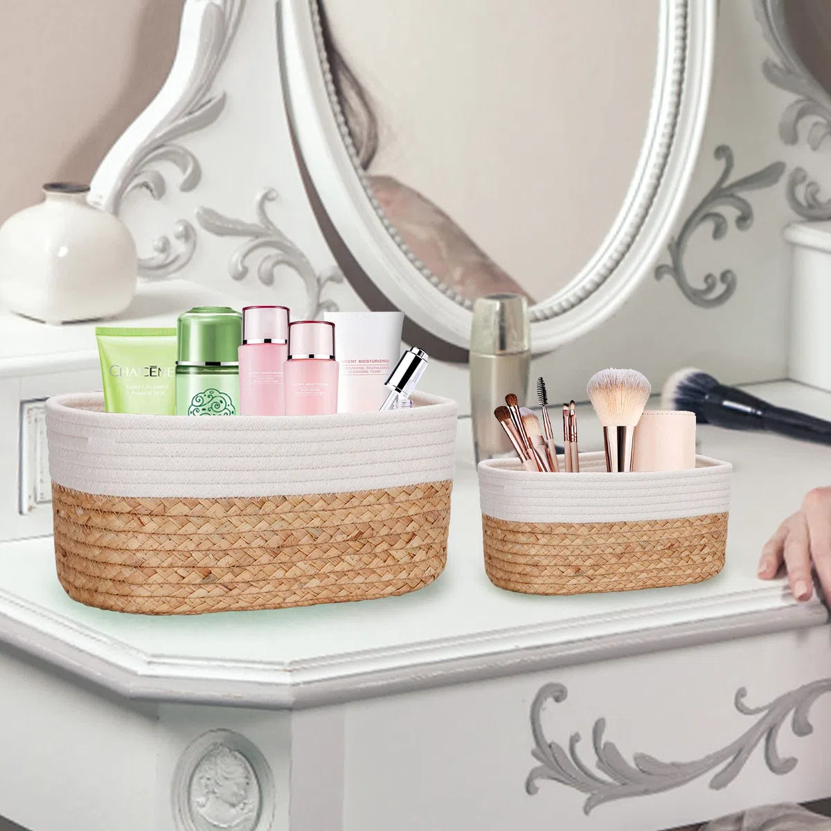 Cesta de almacenamiento, 4 cestas trenzadas, juego de jacinto de agua y algodón, caja organizadora para baño decorativa, baño o dormitorio