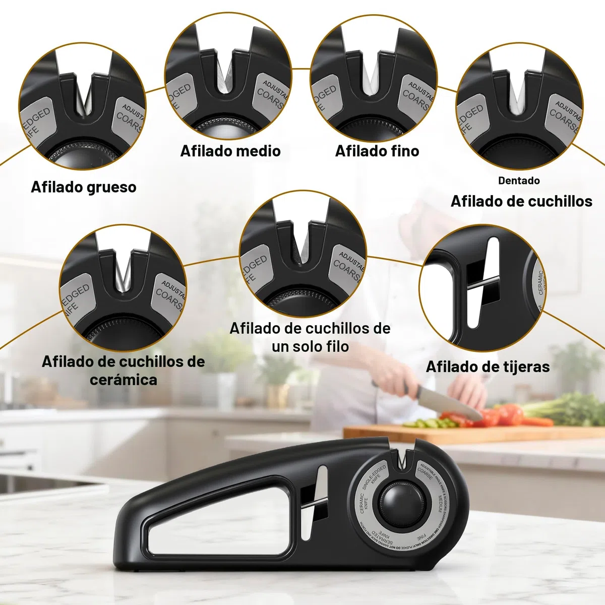 Pietuley 7 en 1 Afilador de Cuchillos Profesional , Knife Sharpener Afilador de Facas Manual para Cuchillos de Trinchar, de Sierra, Afilado de Cuchillas y Tijeras de Cerámica (Negro)