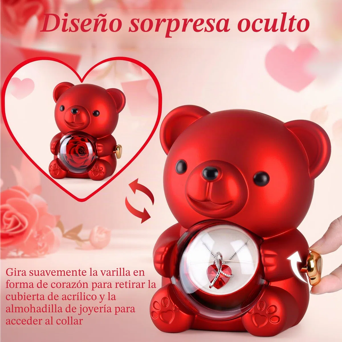 Oso con Rosa y Collar,Caja de Regalo de Oso de Rosa Eterna con Collar en Forma de Corazón,Oso de Rosa Eterna Natural Preservada Regalo para Mujer,Mama Aniversario,Día de San Valentín,Cumpleaño
