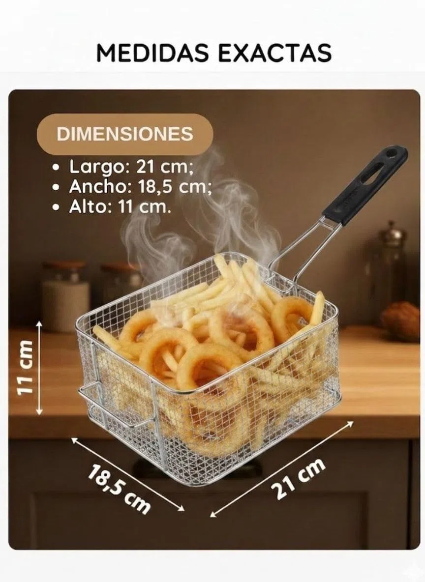 FRAN&CRIS SHOP Cesta Freidora de Acero Inoxidable. Cestillo Freidora de 21x18.5x11 cm., Cestillo para Freír con Mango ergonómico eficaz para cocinas domésticas y Profesionales.