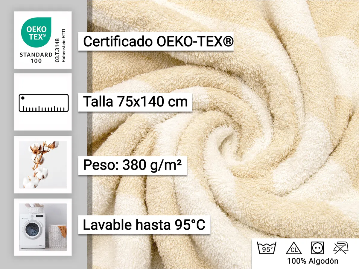 ZOLLNER 2 Toallas de baño de Rizo 100% algodón, 75x140 cm, a Rayas Beige