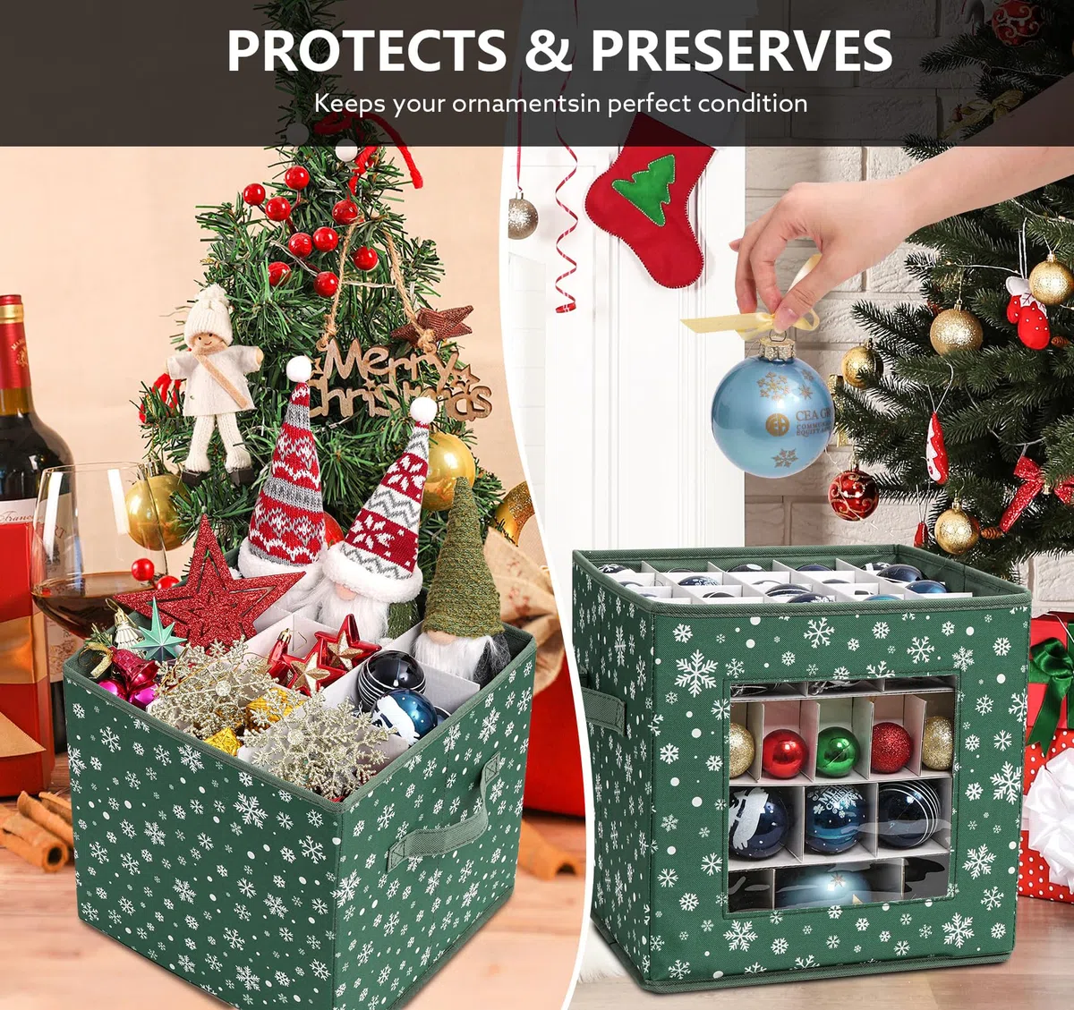 Anstore - Caja de almacenamiento de Navidad grande con tapas en 3 tamaños divisores, caja de almacenamiento de adornos de Navidad de 83 compartimentos con asa de transporte y ventana, almacenamiento