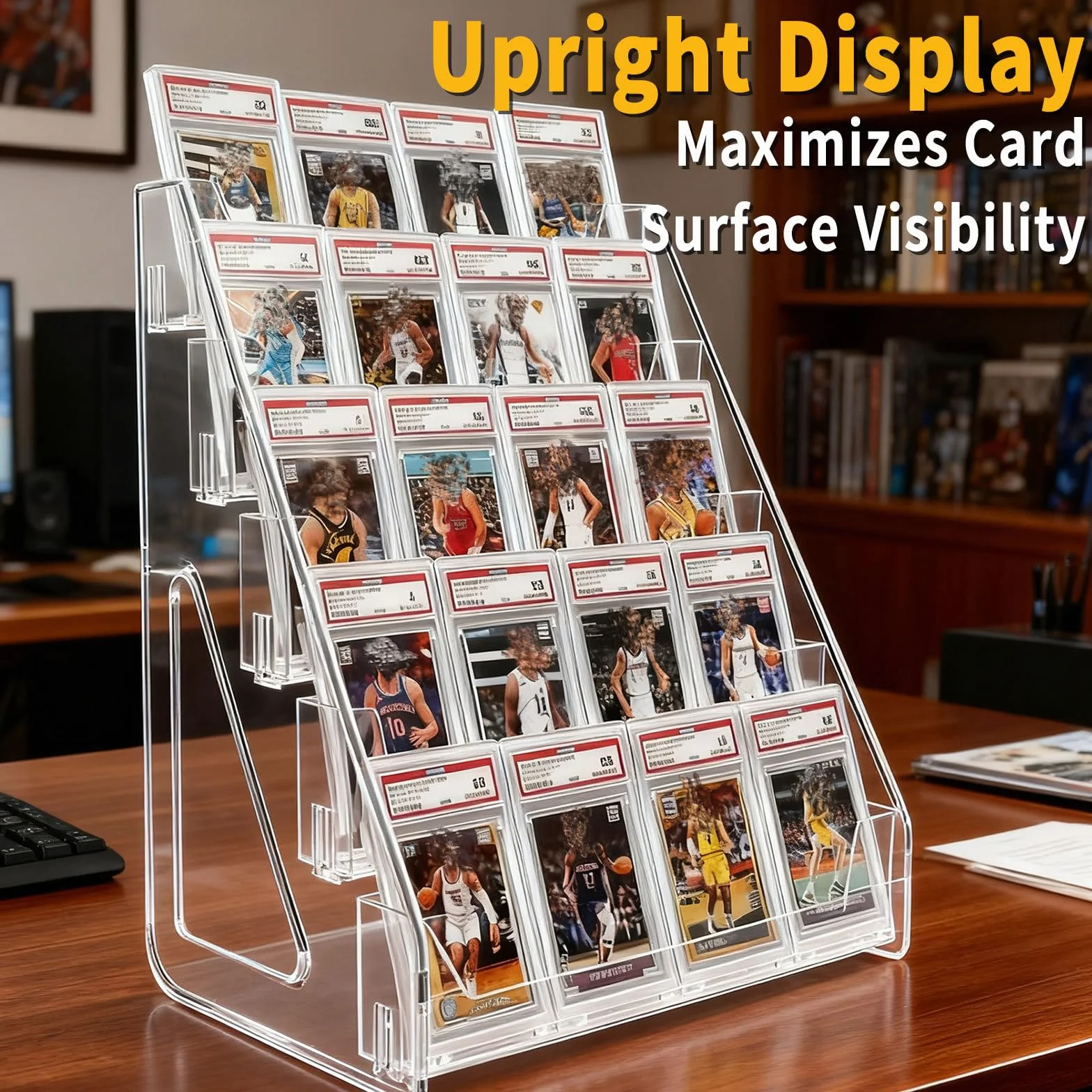 Oncpcare Soporte de exhibición transparente de 3 niveles para tarjetas coleccionables – Estante vertical de PET para cargadores superiores, soportes magnéticos, losas de tarjetas coleccionables y