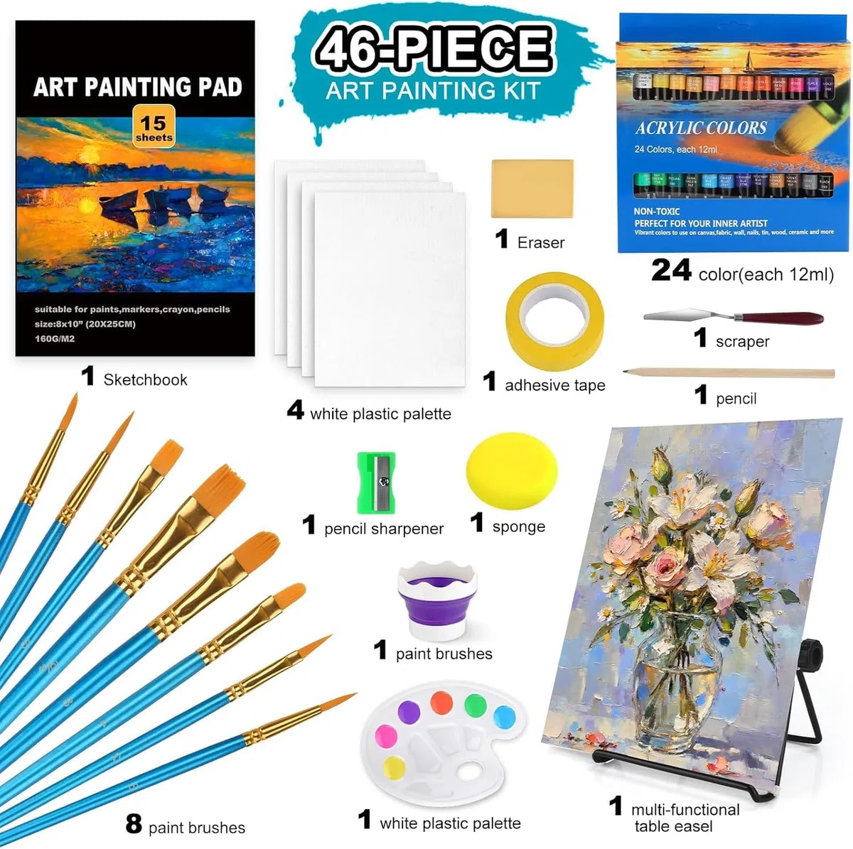 Kit de Pintura,Set Pinturas Acrílicas,Paquete de Suministros de Pintura Profesional,Kit Avanzado con Pinceles,Lienzo,Paleta,Espátula & Accesorios,Completo Adultos Niños Principiantes Arte