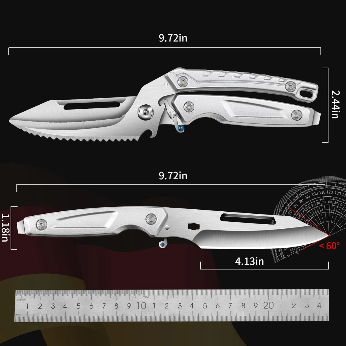Plys Tijeras Cocina Acero Inoxidable: Profesionales Tijeras para Cortar y Separar Huesos Hogar Tijera para Cortar Carne, Huesos De Pollo, Pescado y Verduras Plata