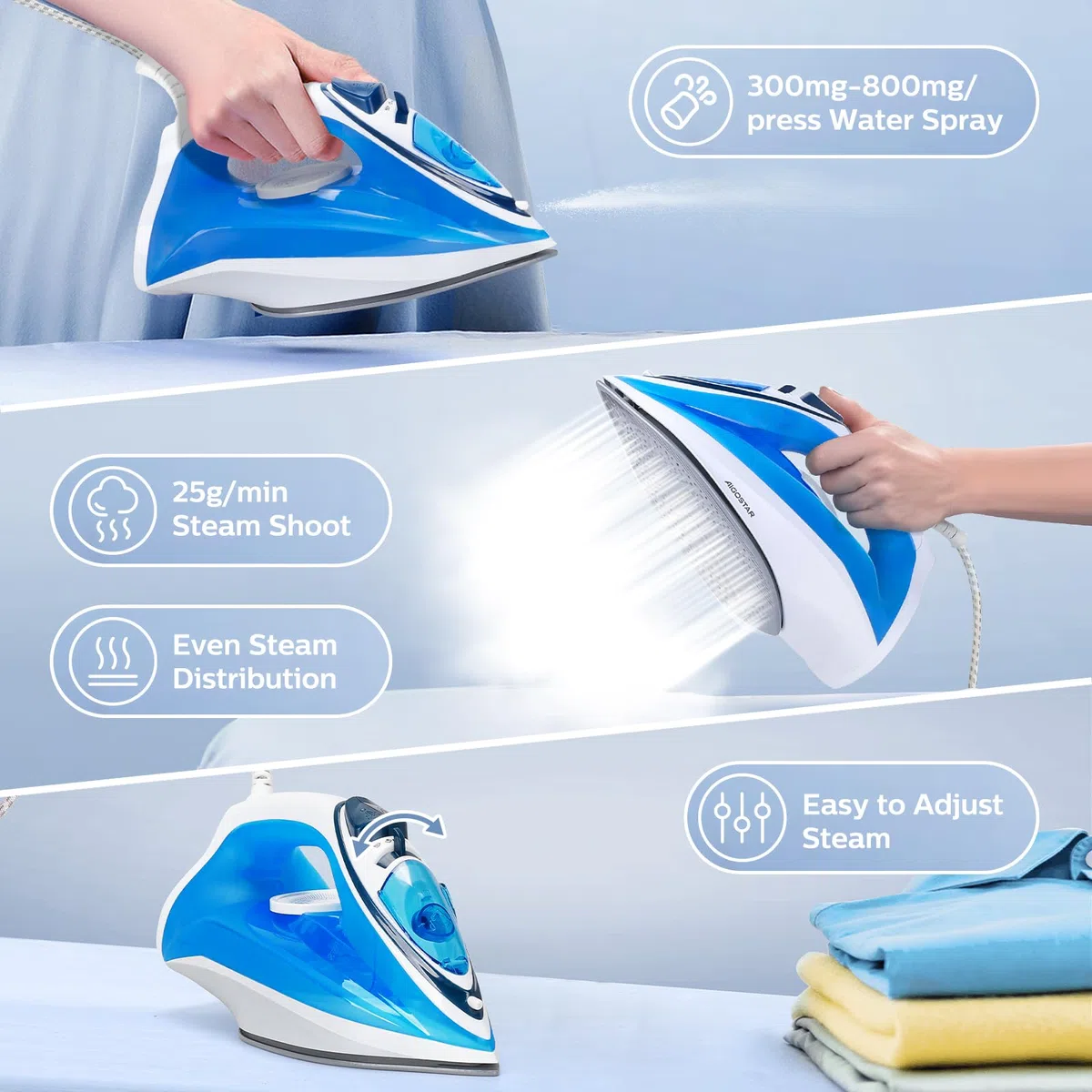 Aigostar Plancha de Vapor para Ropa 2400W - 4 Modos Vapor, Autolimpieza, Antigoteo y Antical, Suela Cerámica, 3 Niveles Temperatura - Ideal para Uso Diario en Hogar, con Guante Térmico