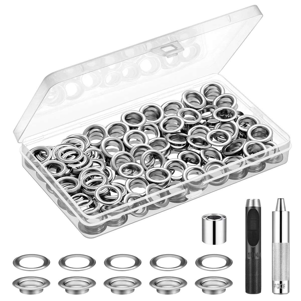 Kit de Ojales para Lienzo de 10 mm, Juego de 120 Ojales con Herramientas de Instalación y Caja para Telas, Lienzos y Cortinas