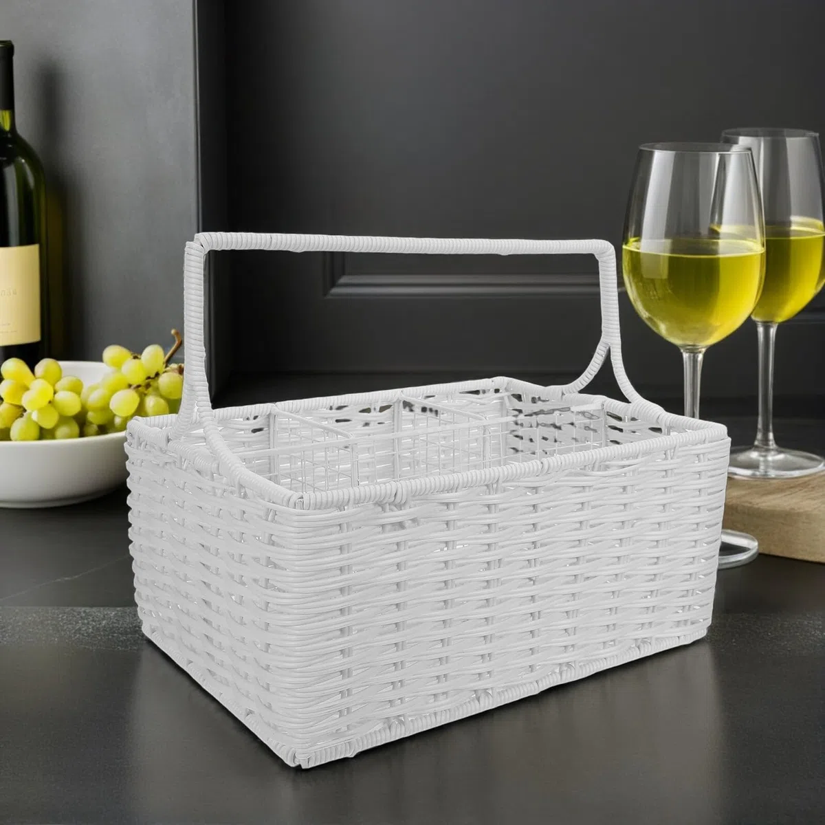 VALICLUD Cesta Tejida de Color Claro con Asa y Divisiones para Cubiertos | Plástico E Hierro, Forma Rectangular, Diseño con Varios Compartimentos, Cocina y Comedor
