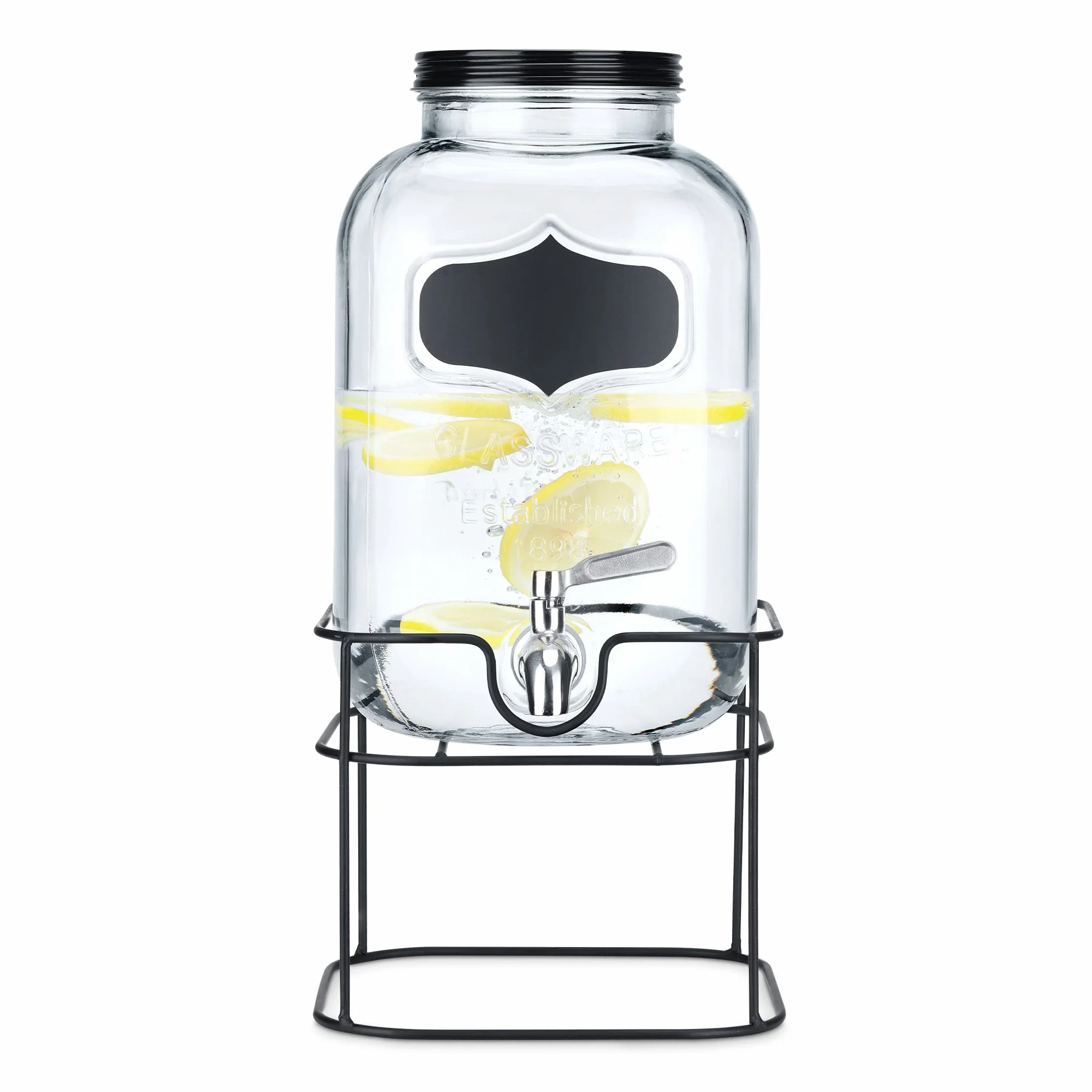 Navaris Dispensador de Bebidas con Grifo - Recipiente de Vidrio de 5 L - Botella de Cristal con Base metálica - Garrafa de Cristal con dosificador